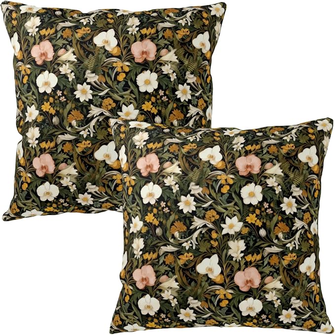 Spring Summer Dark Floral Throw Pillow Covers Vintage Flower Pillow Covers 18x18 Set of 2 Wildflower Botanical Outdoor Pillow Cases Rustic Boho Farmhouse Cushion Case for Porch Patio