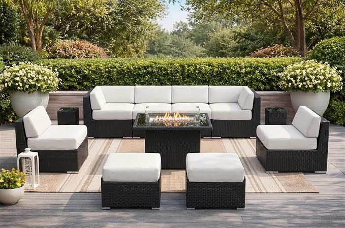 Fully Assembled 11 Piece Outdoor Patio Furniture with 6-inch Waterproof Rainshield Cushions, Oversized Seats and 42-inch Fire Table