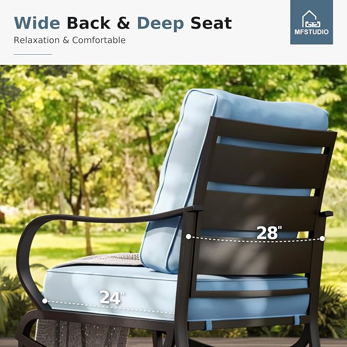 MFSTUDIO 5 Pieces Patio Conversation Sets,Outdoor Metal Furniture Sofas with 1 x 3-Seat Sofa, 2 x Rocking Chairs,2 x Ottoman,Wrought Iron Frame with Blue Cushion for Patio Courtyard Balcony