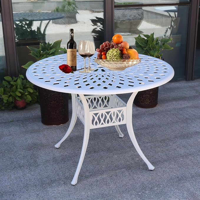 Patio Dinning Set Weather Resistant Cast Aluminum Patio Furniture Set with Umbrella Hole, Bistro Dining Set for Garden (42" x 42" Table D and 4 Chairs White, 5 Pieces)