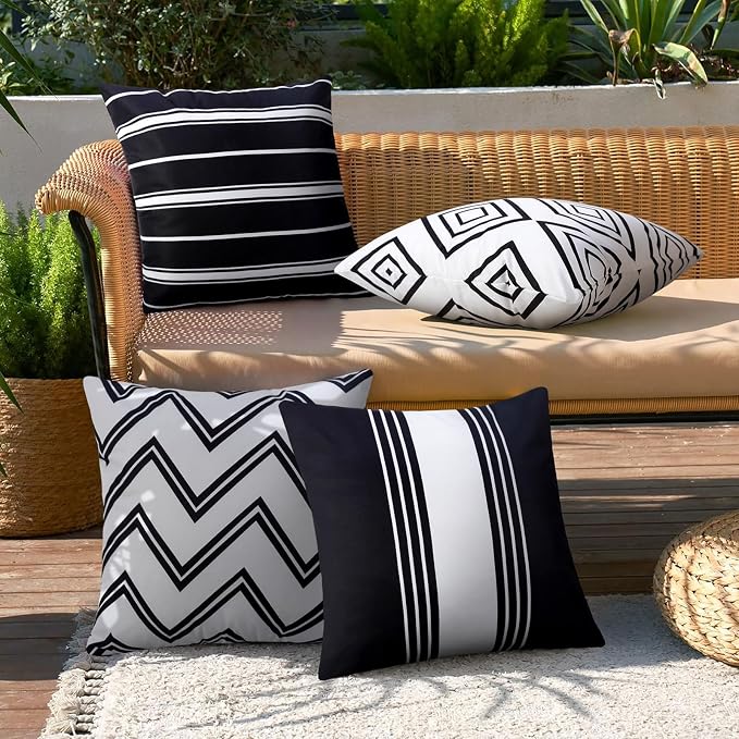 Adabana Set of 4 Outdoor Waterproof Pillow Covers 18x18 Black and White | Modern Geometric Throw Pillows Cover Decorative Boho Pillow Covers for Patio, Garden, Porch