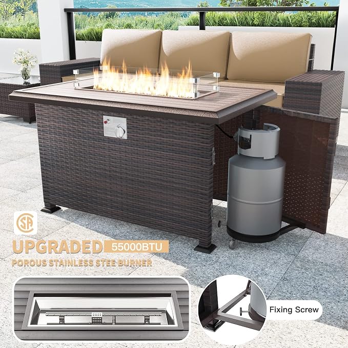 Kullavik 13PCS Outdoor Patio Furniture Set,PE Wicker Rattan Sectional Sofa Patio Conversation Sets with 43" 55000BTU Gas Propane Fire Pit Table,Swivel Rocking Chairs Set,Sand