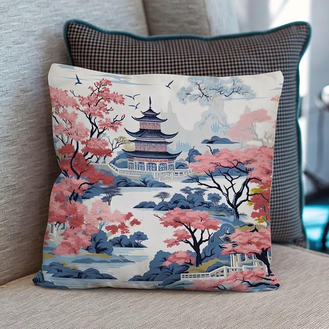 Throw Pillow Covers Chinoiserie Pagoda White Coral Blue Pillow Covers Abstract Chinoiserie Chic Asian Pillow Cover Accent Modern Decorative Pillow Covers for Patio Tent Couch 18x18 in