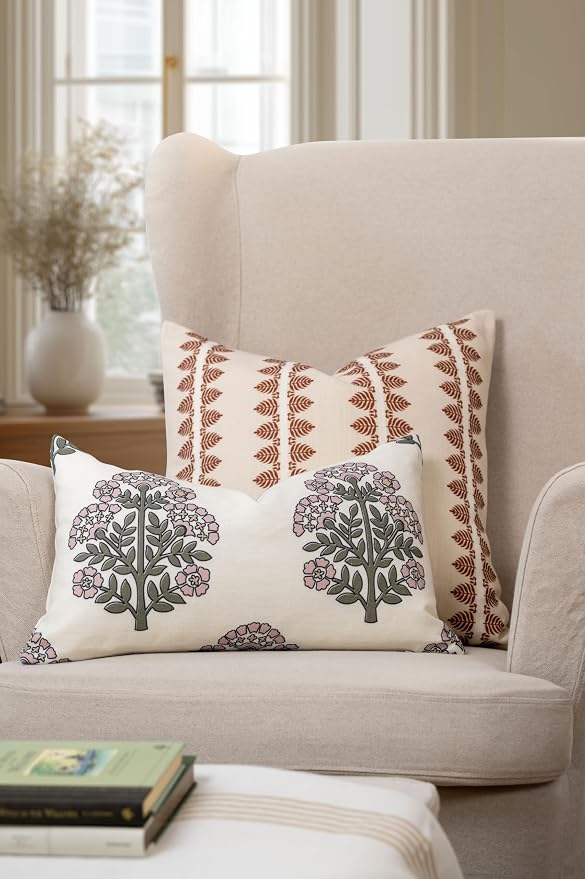 Crumbs Home Modern Farmhouse California Casual Indoor Outdoor Throw Pillow Cover, 20"x20" Water Repellent for Patio, Backyard, Couch, Poolside, Earth Tone Rust Orange Neutral Print Leaves Stripes