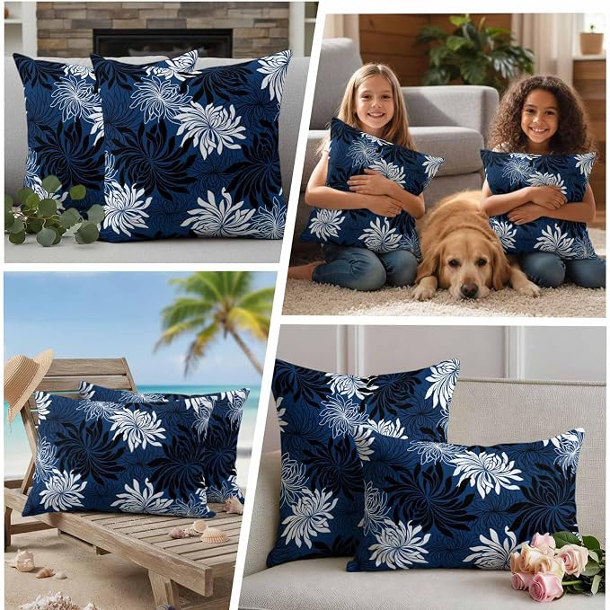Yukro Blue Black Floral Outdoor Waterproof Pillow Covers Pack of 2, Vintage Blue White Black Flower Decorative Throw Pillowcases Cushion Covers for Garden Patio Tent Sofa Couch, 18x18 inch