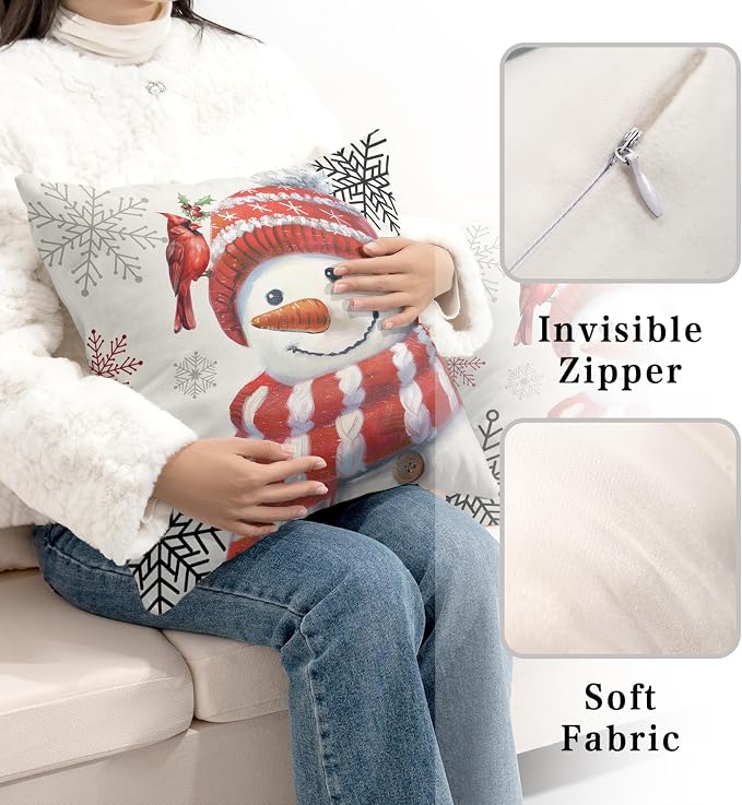 Christmas Snowman Pillow Covers 22x22 Set of 2 Winter Holiday Throw Pillow Covers for Living Room Bedroom Sofa Red Snowman with Cardinal Bird Snowflake Cushion Case