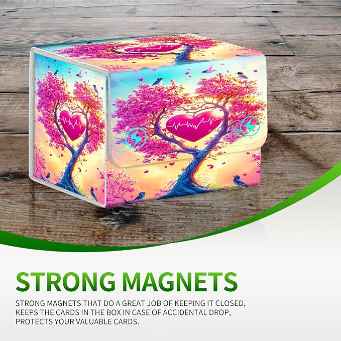 Card Deck Box for MTG, Cards Storage Box Fits 120+ Sleeved, Leather Small Size Strong Magnetic Closing Card Case for Board Games Magic TCG CCG Baseball Collection, Pink Tree