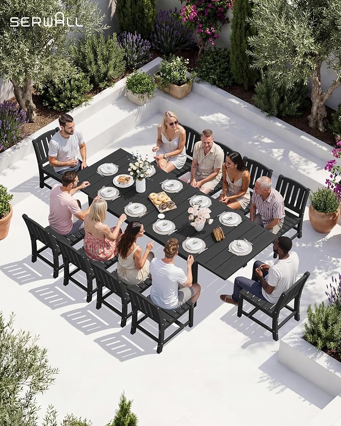 SERWALL Outdoor Patio Dining Set for 8, Black | 60" - 83" Expandable Outdoor Dining Table and 8 HDPE Chairs, All Weather Material Outdoor Furniture Set Backyard, Garden