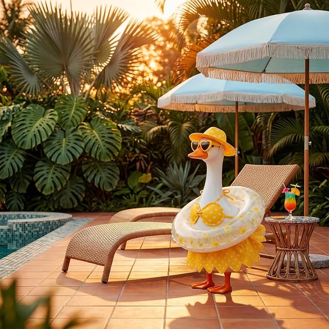 hoyuwak Bikini Goose Outfits Summer Hawaiian Porch Goose Outfits with Swimming Ring Sunglasses Hat for 23" Geese Yard Decor