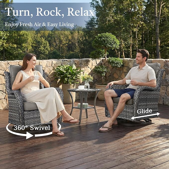 6 Piece Patio Furniture Set with Ottoman - All Weather Patio Conversation Set with 4 Inch Thick Cushions and Deep Seating Swivel Glider Chairs & Outdoor Couch for Porch Deck Yard Pool