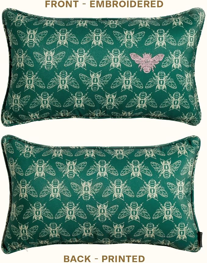 Honeycomb Indoor/Outdoor Lumbar Pillow for Patio Furniture, 20 x 12 | Royalty Green Embroidered Bumble Bee Throw Pillow, Water & Fade Resistant for Patio Furniture Set