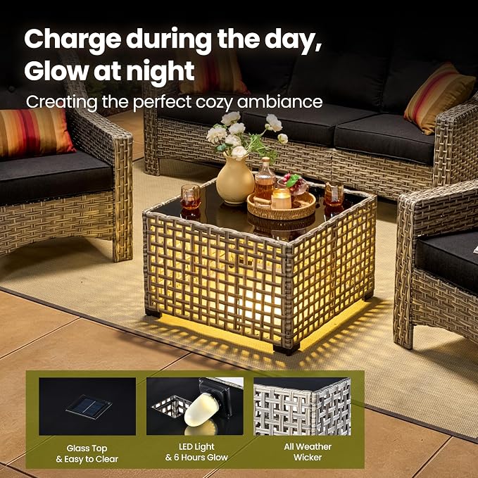 4 Piece Patio Furniture Set with Solar Light Coffee Table, Heavy Duty Wicker High Back Sofa Chairs with Thick Cushion, Small Outdoor Conversation Sets for Backyard Garden Porch, Black