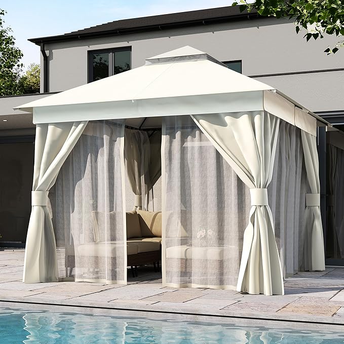 LAUSAINT HOME Patio Gazebo 10'x10', Outdoor Heavy Duty Party Tent Shelter with Double Roofs, Mosquito Nettings and Privacy Screens for Backyard, Garden, Lawn, Cream White