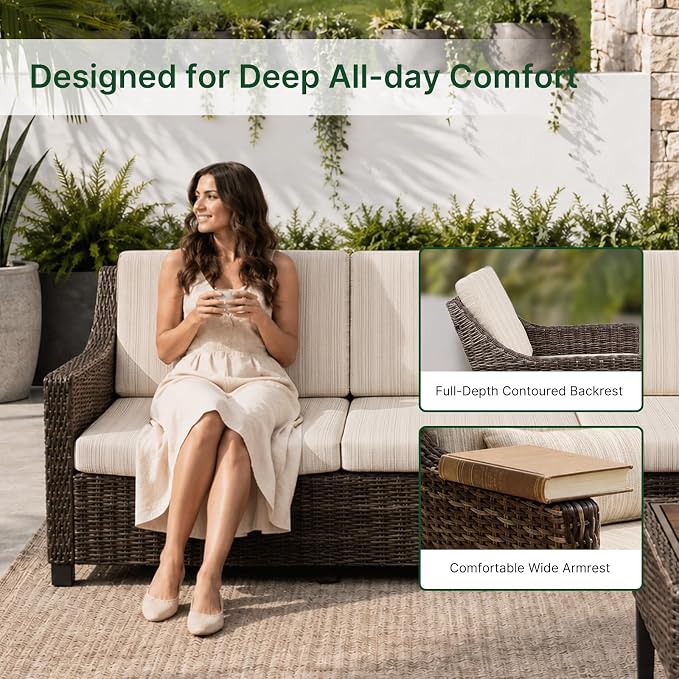 Wicker Patio Conversation Set, Outdoor Patio Chair Set with Deep Seating, Wide Armrests & Thick Cushions, All-Weather Outdoor Furniture Set for Patio, Porch, Deck & Backyard