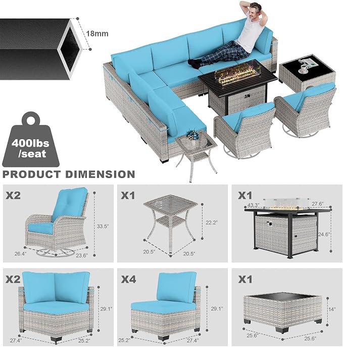 11-Piece Patio Furniture Set, Outdoor Patio Furniture with 55,000 BTU Fire Pit Table, Swivel Chairs Set, Thick Cushions, Modular Patio Sofa, Dual-Strand Wicker Rattan, Rust-Resistant Frame, Blue