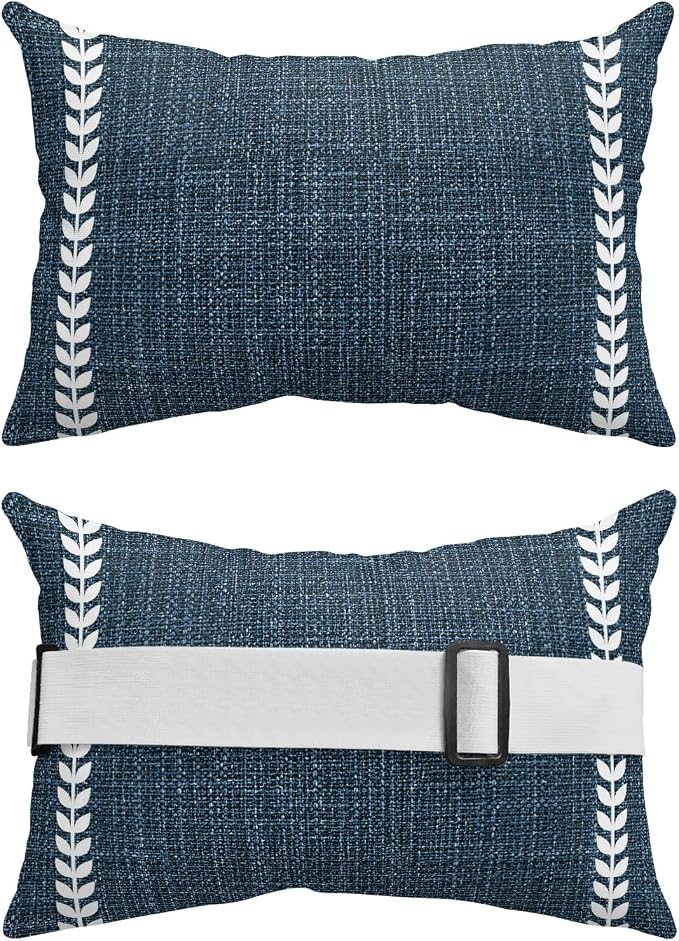 Navy Blue Outdoor Lumbar Pillow 11x16 Inch, Traditional Rustic Minimalist Striped Pattern Waterproof Throw Pillow Covers with Insert, Decorative Chair Cushions for Patio Garden Recliner