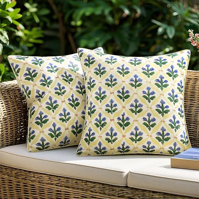 MIULEE Outdoor Floral Pillow Covers Waterproof 18x18 Yellow-Blue | Decorative Block Print,Boho Farmhouse, Set of 2 Coastal Summer Cushion Covers with Piping,Garden Patio Furniture Porch Couch