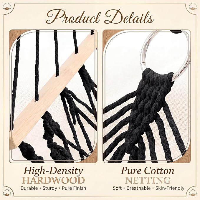 Hand Woven Cotton Rope Hammock, 10 ft Hammock for Patio Garden Yard Porch Camping Beach Indoor Outdoor Hanging Include Rope Straps, 450lb Capacity(Black)