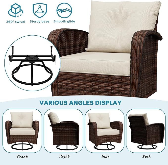 4 Pieces Patio Set, 73" Rattan Loveseat Sofa, Coffee Table, Wicker Swivel Glider Chairs, Cushion with Water Resistant Cover, Outdoor Conversation Furniture, Couch for Yard, Lawn (Beige)