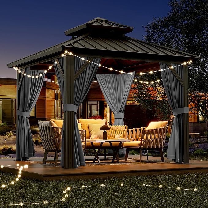 PeakPursuit 10'x10' Hardtop Gazebo, Heavy Duty Aluminum Permanent Hardtop Gazebo Outdoor Pavilion with Curtains and Netting for Garden