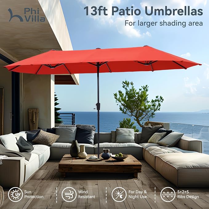 PHI VILLA 8 Piece Patio Dining Set with 13ft Patio Umbrella (Orange Red), 6 Outdoor Padded Swivel Dining Chairs & 1 Large Metal Dining Table for Lawn Garden Backyard (No Umbrella Base)