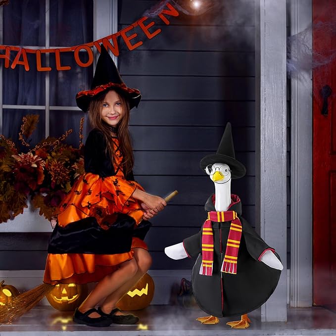 Watayo 4 Pcs/Set Christmas Wizard Goose Outfits, Lawn Porch Goose Statue Wizard Costume, Garden Goose Witch Clothes with Hat Scarf Glasses for 23" Statue Christmas Fall Outdoor Patio Yard Decor