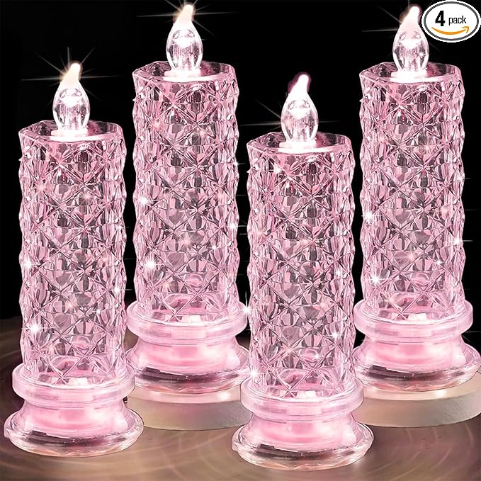 SupBri Rose Shadow LED Flameless Candles, 4PCS Romantic Battery Operated Candles Led Pillar Candles for Valentines Romantic Propose Anniversary Wedding Decorations(Pink, D 2.5" x H 7.2")