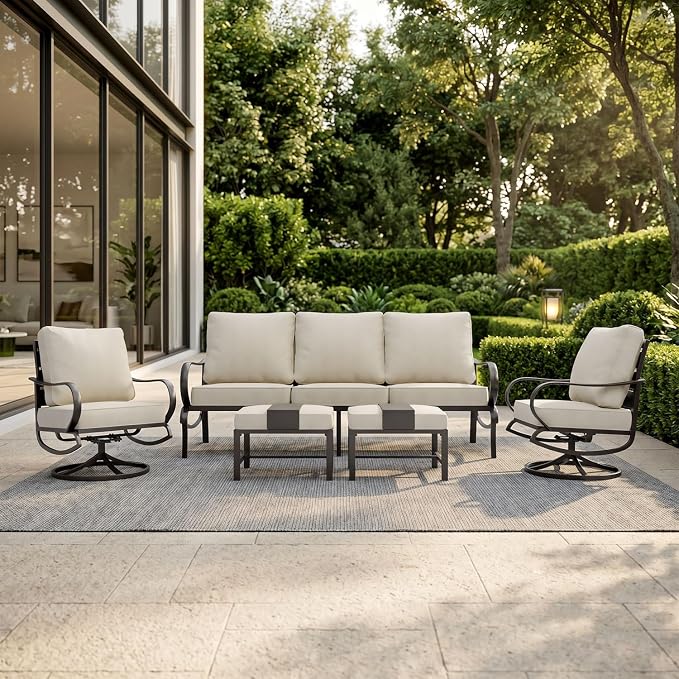 PHI VILLA 5 Piece Metal Patio Furniture Set with 5.75" Cushion, Modern Outdoor Furniture Set with 3-Seater Deep Seating Sofa, 2 Patio Swivel Chairs & 2 Ottoman, Patio Conversation Sets for Garden Deck