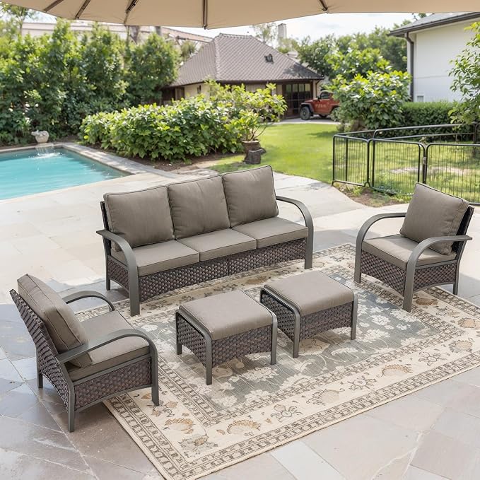 Belord 5 Piece Outdoor Wicker Furniture Set, High Back Deep Seating Patio Sofa Set with Metal Armrests Rattan Chairs, and Ottomans for Porch Deck Sunroom Backyard