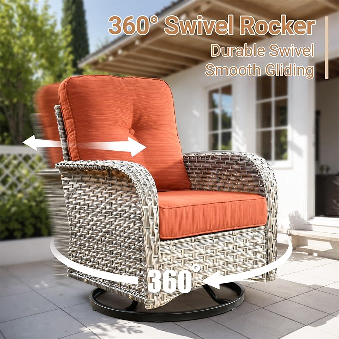 HOOOWOOO Sectional Patio Furniture Set with Fire Pit Table,9 Pieces Wicker Outdoor Furniture Couch,Outside Conversation Set Extra Deep Seat Sofa Wide Rocking Chairs Ottomans Arm Solar Table,Brick Red