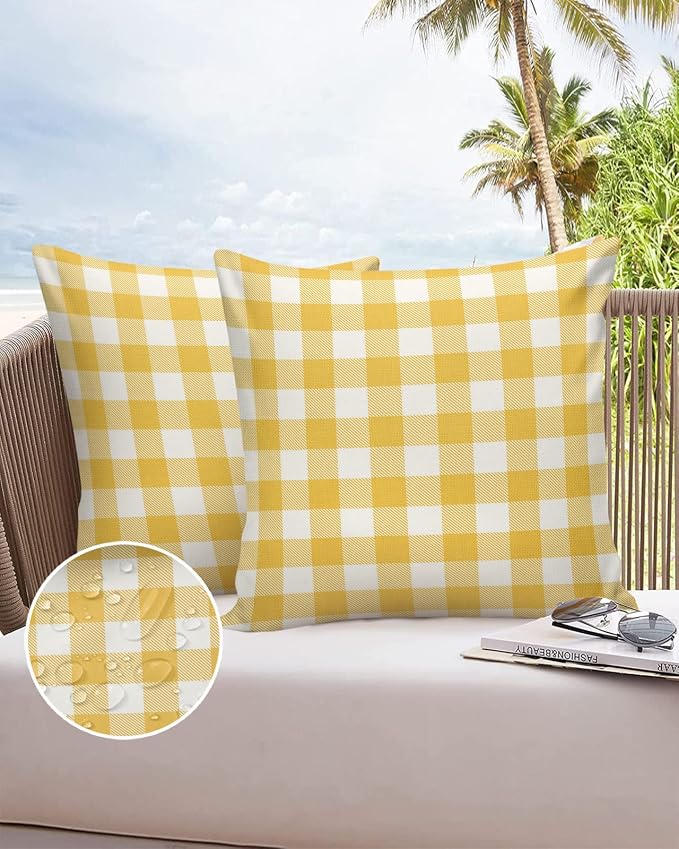 Outdoor Waterproof Throw Pillow Covers Set of 2 Yellow Buffalo Check Plaid Pillowcases 26x26 Inches Farmhouse Style Patio Decorative Pillows Cushion Case Patio Pillows for Couch Bed Chair Garden