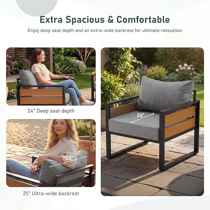Furnimart Patio Furniture Set, 4-Piece Metal Outdoor Sectional, 4-Seat Patio Conversation Set with Deep Seating, Thick Cushions & Coffee Table for Backyard, Porch & Deck, Gray