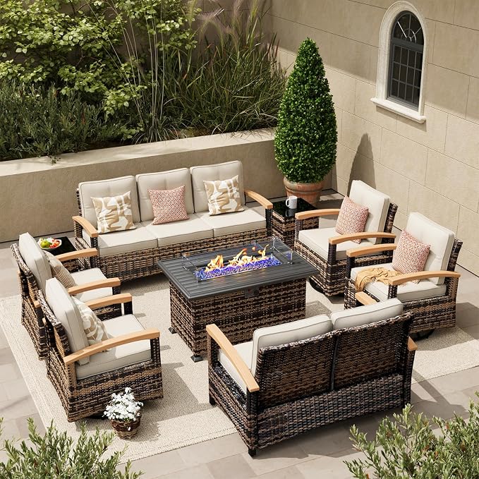 MEISSALIVVE 9 Pieces Patio Furniture Sets with Fire Pit Table, Wicker Outdoor Conversation Sets with 2 Swivel Rocker Chairs, 3-seat Sofa and Side Table(Beige)