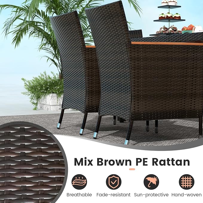 7 Pieces Outdoor Wicker Dining Set with Umbrella Hole, Patio Dining Furniture Set with Acacia Wood Table and Chairs, Garden Dining Table Set for Backyard, Desk, Poolside (Brown)