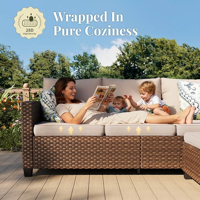 MIXPATIO Patio Furniture Set, 8 Pcs Wicker Rattan Outdoor Conversation Set, 4 x Leg Chairs, 1 x 3 Seater Sofa and 2 x Ottomans with 4" Thick Cushion and 32" Fire Pit Table, Beige