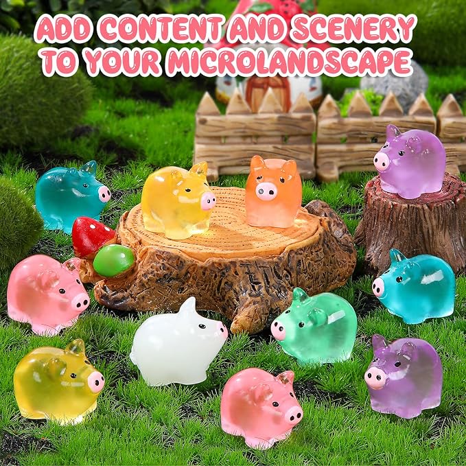 56PCS Luminous Mini Resin Pigs Figures Cute Tiny Pig for Garden Landscape | Mini Pigs Figures Glow in The Dark, Tiny Pig Miniature Charms Ornament for Garden Landscape, Dollhouses Birthday Decor