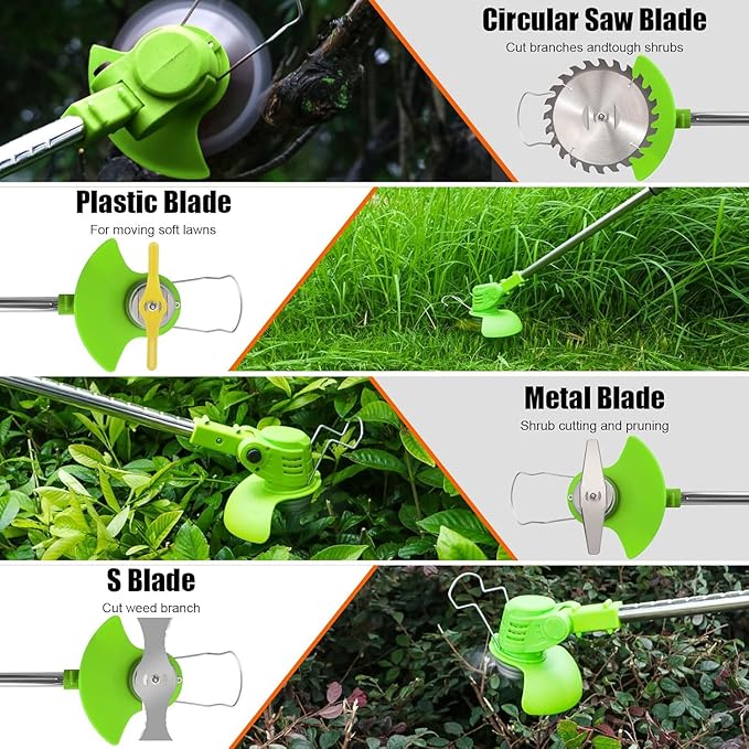 Electric Weed Wacker Cordless Weed Trimmer 21V Stringless Weed Wacker Lightweight 3-in-1 Grass Trimmer/Brush Cutter/Edger with 2pcs Batteries&Wheel, 4Types Blades, for Lawn, Garden & Yard