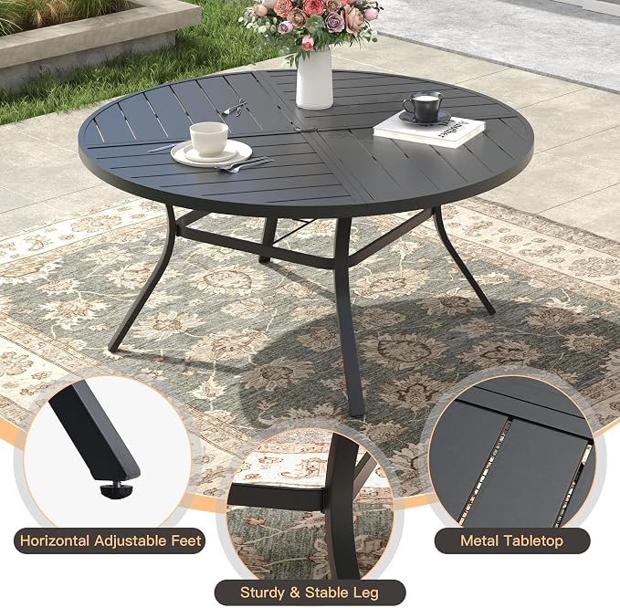 Outdoor Dining Set for 6, 50.1" Metal Round Outdoor Dining Table with Umbrella Hole and Sling Patio Swivel Chairs, 7 Pieces Patio Table and Chairs Set for Garden Backyard, Dark Blue and Black
