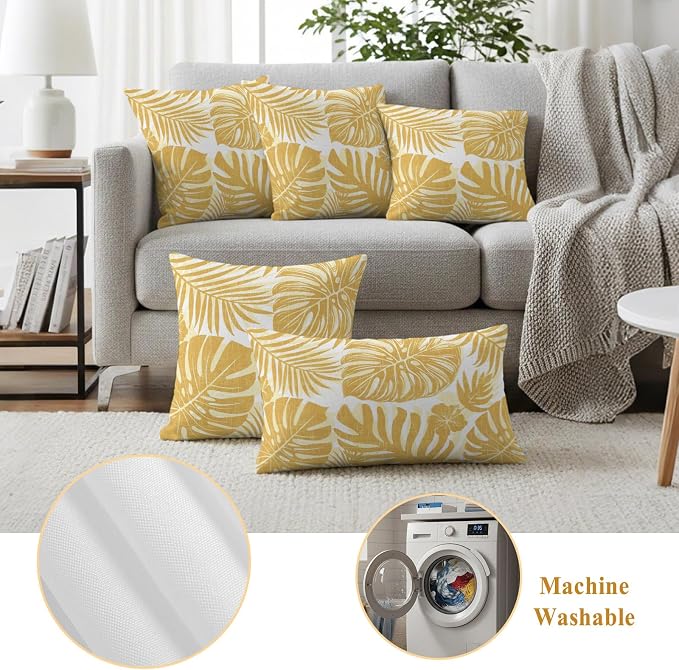 Yellow Palm Leaves Outdoor Pillow Covers 20"x20" Set of 2, Tropical Botanical Minimalist Modern Waterproof Throw Pillow Covers for Patio Furniture, Decorative Cushion Covers for Porch