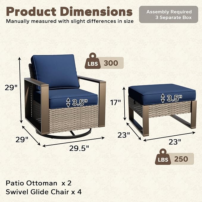 6 Pieces Metal Wicker Patio Furniture Set - Four Swivel Chairs and Two Ottomans, All Weather Rattan Outdoor Conversation Furniture with Washable Cushion for Deck Porch, Dark Blue
