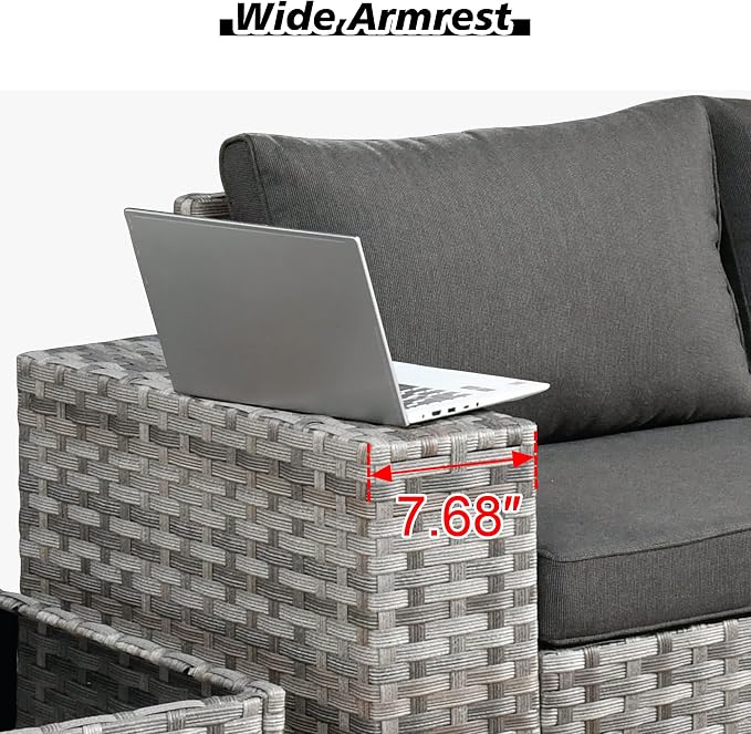 HOOOWOOO Outdoor Patio Sectional Furniture Sofa Set with Large Fire Pit Table,9 Piece Modern Wicker Couch with Swivel Chair,Modular Conversation Seating Set with Widened Armrest(Black)