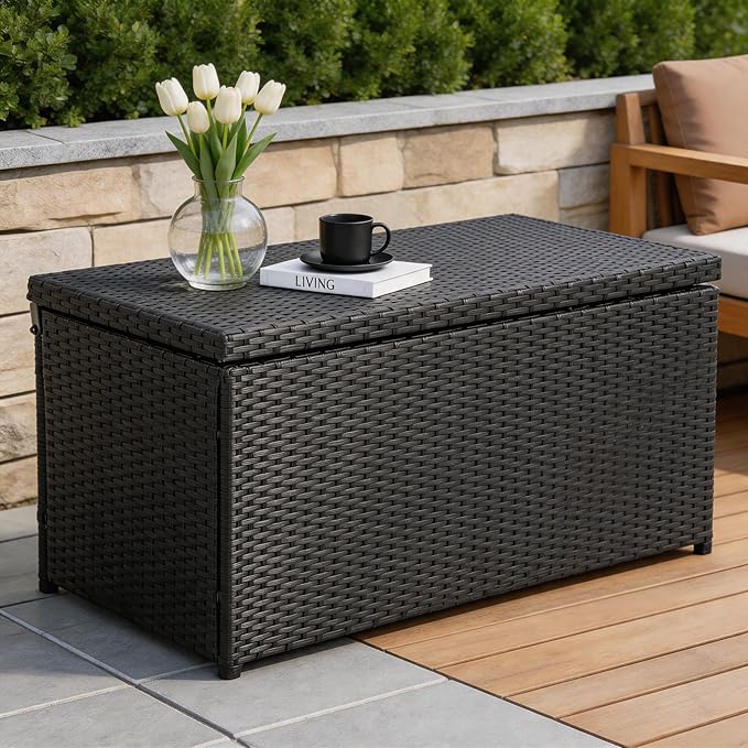 Outdoor 70 Gallon Wicker Storage Box with Waterproof Liner, Patio PE Rattan Storage Container for Outside, Deck Box with Hinged Lid for Cushions, Pillows, Towels, Horizontal Bin, Black