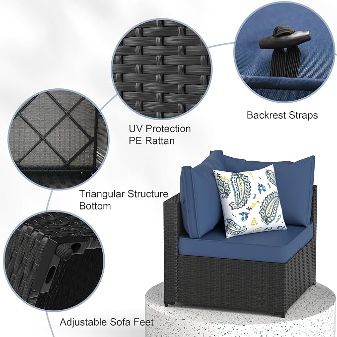 GOJOOASIS Patio Furniture Set Outdoor Sectional Sofa with Ottoman Wicker Couch Rattan Modular Seating Conversation Sets Porch Decor for Backyard, Balcony, Garden (Blue B)