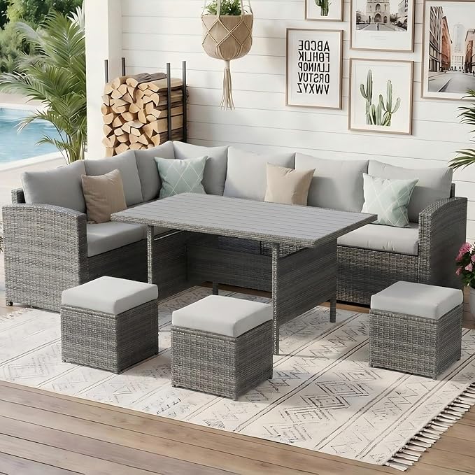 Wisteria Lane 7 Piece Patio Furniture Set, Wicker Patio Sectional with Wide Armrest, All Weather Outdoor Dining Set, Outdoor Furniture Patio Conversation Set with Ottoman, Ash Gray