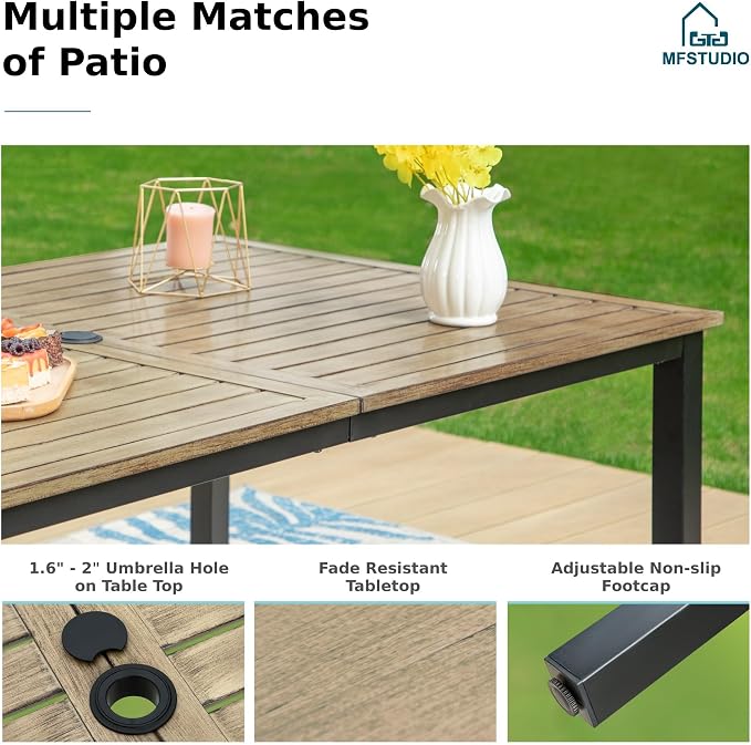 MFSTUDIO Patio Dining Set for 6, Patio Table and Chairs Set with Umbrella Hole, 7 Piece Outdoor Dining Set for Deck Backyard Garden