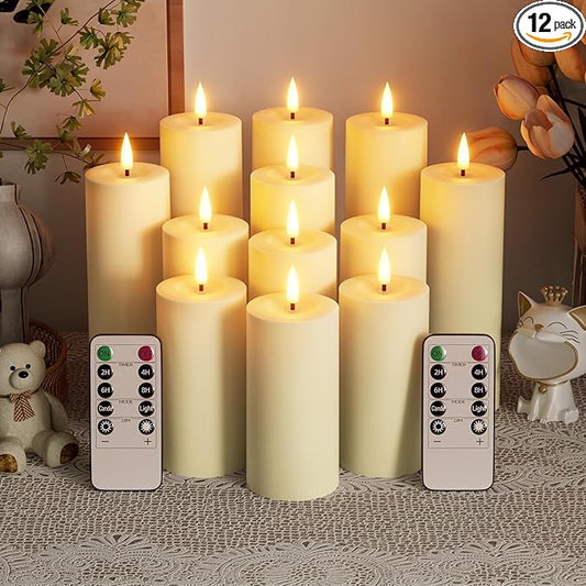Flameless Battery Operated Candles with Remote: Set of 12 2.2''×4'' 5'' 6'' 7'' Outdoor Waterproof LED Pillar Candles with Timer Flicking Plastic for Home Decor Fireplace Wedding Tub Patio Ivory