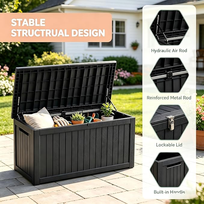 270 Gallon Extra Large Deck Box Outdoor, Resin Storage Box Outdoor Waterproof, Lockable Garden Storage Bench, Holds Patio Furniture, Pool Supplies & Equipment, Hydraulic Rod, UV-Proof, Black