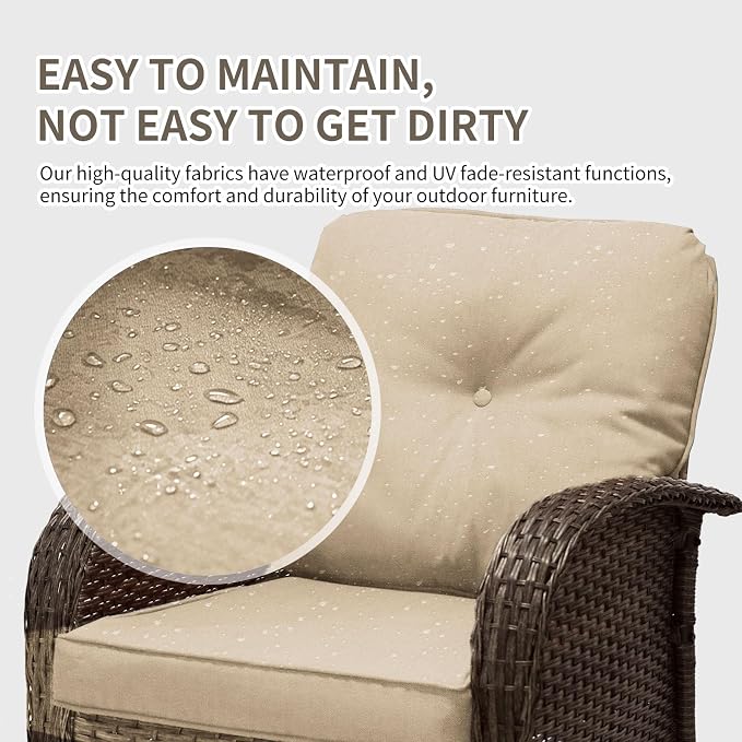Outdoor Swivel Rocker Patio Chairs (Brown Wicker/Khaki Cushion, 5PC/Swivel & Side Table & Ottomans)