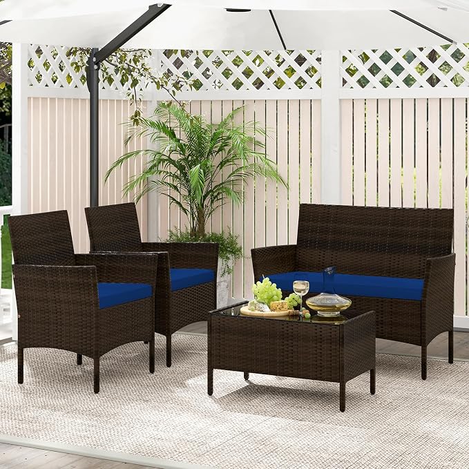 KOTEK 4 Piece Patio Furniture Set, Outdoor Rattan Conversation Set with Loveseat, Wicker Chairs, Tempered Glass Coffee Table, Wicker Patio Set for Backyard, Porch (Navy)