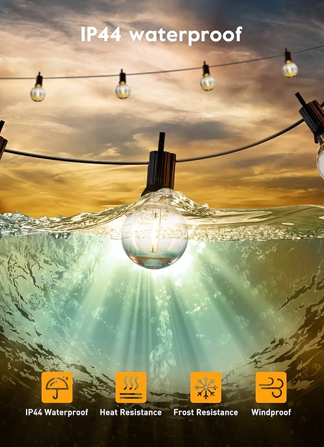 LED G40 Outdoor String Lights Patio Lights 109FT with 104 LED Shatterproof Bulbs, Weatherproof Commercial Hanging Lights for Backyard Bistro Pergola Party Decor, E12 Socket Base, 2200K, Black